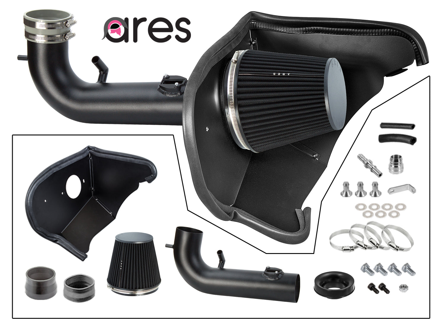 Ares Black For 2016-2021 Camaro 3.6L V6 Heat Shield Cold Air Intake Kit +Filter